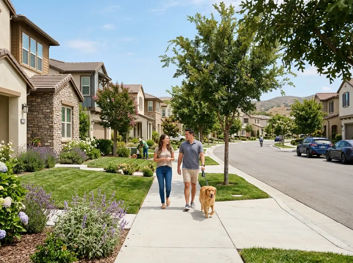 couple walking dog on sidewalk