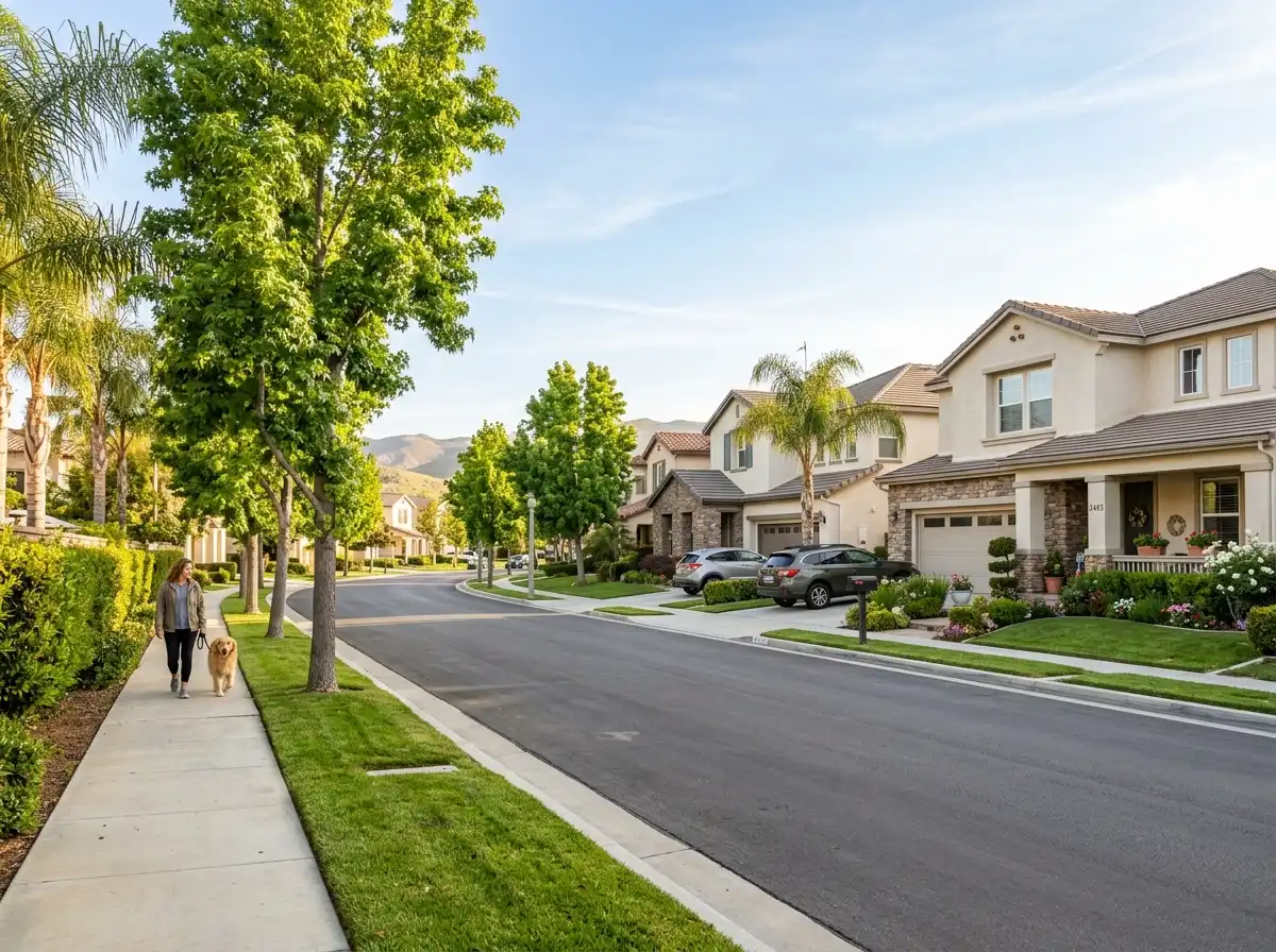 suburban homes on tree lined street